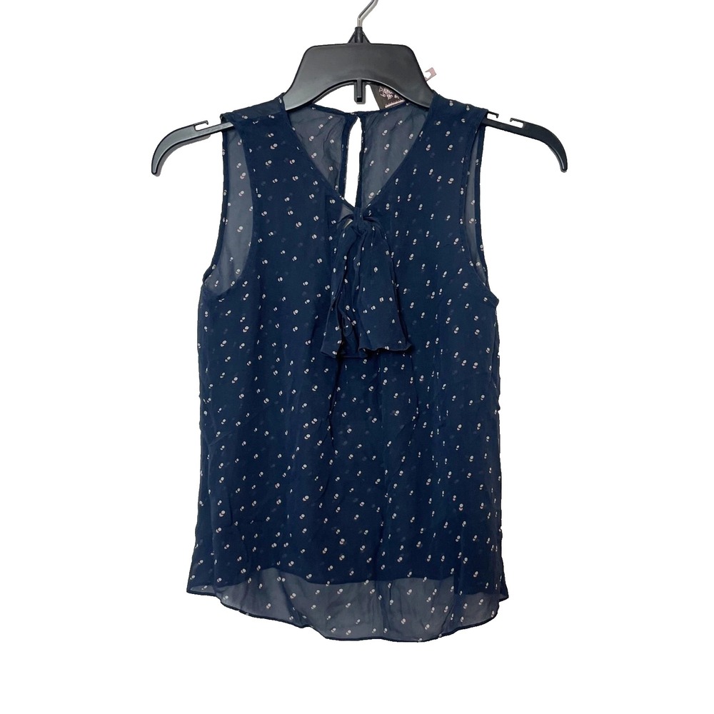 Juicy Couture Sleeveless Bow‎ Tie Neck Blouse Womens XS Navy Blue Keyhole Back